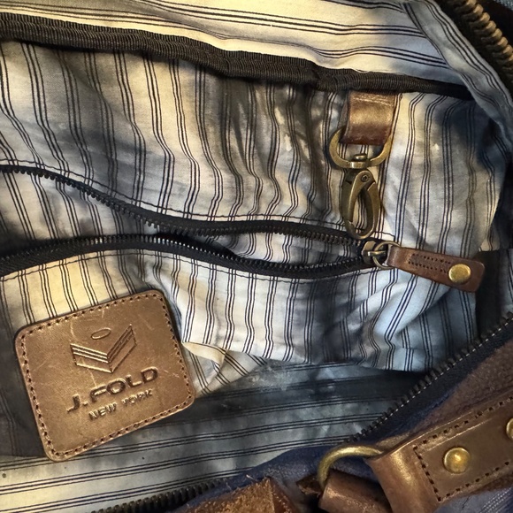 J. Fold Roadster Duffel Bag Blue Canvas Brown & Leather (Authentic Pre-Owned) - Picture 11 of 15